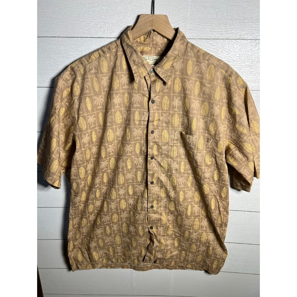 Tori Richard Mens Large Hawaiian Shirt Cotton Lawn USA Made Palm Trees Tan Gold